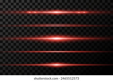 Set of red horizontal lines. Laser beams, beautiful light with glare. On a transparent background.