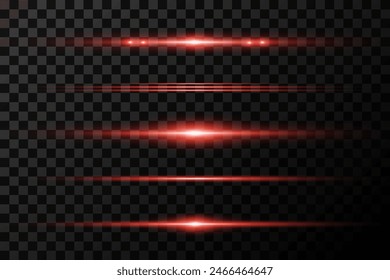 Set of red horizontal lines. Laser beams, beautiful light with glare. On a transparent background.