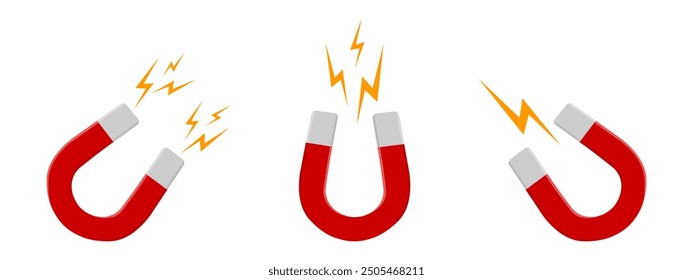 Set of red horseshoe magnets with lightning flashes isolated on white background. Magnetic power, attraction or influence concept. Vector flat illustration.