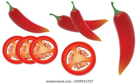 set of Red hot chili peppers with sliced pieces. Fresh organic chili pepper isolated on a white background, Realistic Red Chili, vector Illustration