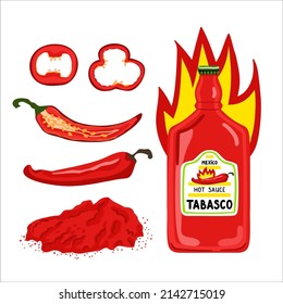 Set of red hot chilli pepper and Mexican Tabasco Sauce. A red hot tabasco bottle with fire, slice of chilli pepper, pepper seasoning powder. Cartoon vector illustration isolated on a white background.