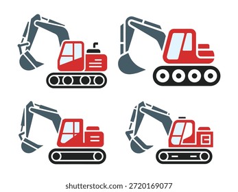 Conjunto de ilustrações de escavadora hidráulica vermelha com maquinário de escavação para trabalhos de construção industrial.