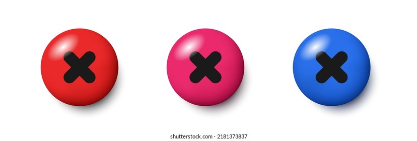 Set of red icons Cancel. 3d Cross icon. Black cross on red round 3d buttons. Vector clipart isolated on white background.