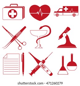 set of red icons medical symbol isolated on a white background