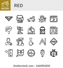 Set of red icons such as Heart, Shawl, Boxing gloves, Forbidden, Devil, Exit, Love, Flamenco, Rose, Paint bucket, Valentines day, Remove friend, Letter, Condom, Hand bag , red