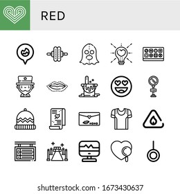 Set Of Red Icons. Such As Heart, Fire Location, Roller, Executioner, Love, Chocolate Box, Uncle Sam, Lip, Paint Bucket, In Love, No Parking, Winter Hat, Love Letter , Red Icons