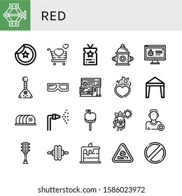 Set of red icons. Such as Jack, Sticker, Love, Vip, Fire hydrant, Banner, Balalaika, d glasses, Rubber land, Heart, Canopy, Tenderloin, Fire hose, Caramelized apple , red icons