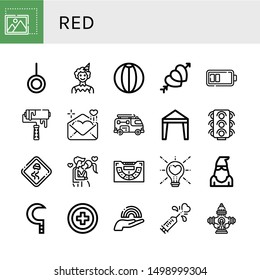 Set of red icons such as Resize, Neutral, Clown, Beach ball, Hearts, Battery, Roller, Love letter, Fire truck, Canopy, Traffic lights, Slippery road, Kiss, Baccarat, Love , red