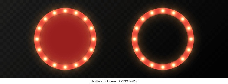 Un conjunto de carteles retro redondos iluminados en rojo. Cartel o marco retro con luces PNG.