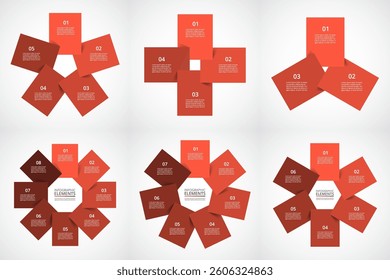 Set of red infographic templates with 3, 4, 5, 6, 7 and 8 options, parts or processes.