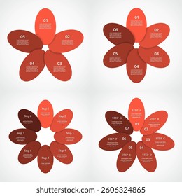 Set of red infographic templates with 5, 6, 7 and 8 options, parts or processes.
