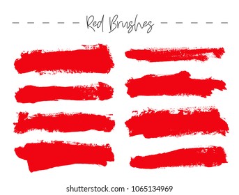 Set of red ink brush strokes. Vector illustration on a white background. Hand drawn grunge brushes.