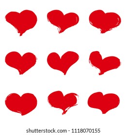 Set of red ink grunge hearts on white background vector illustration. Brush stroke spape of hearts