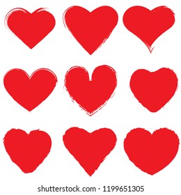 Set of red ink grunge hearts on white background vector illustration. Brush stroke of hearts