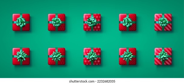 Set of red isolated gift boxes with green bows. Christmas present. Vector holiday illustration.