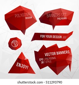 Set of red isolated polygonal geometric shapes in origami style for label and header flat vector illustration