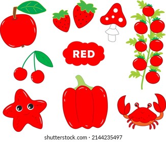 set of red items. Visual dictionary for children about primary colors. vector illustration