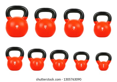 set red kettlebell, Gym equipment 40, 32, 20, 16, 10, 8, 6, 4, & 2 kg, 3d realistic isolated on white background, EPS 10