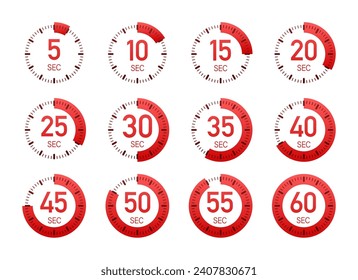Satz roter KüchenTimer mit verschiedenen Zeitintervallen, Vektorgrafik für Stockbilder-Websites