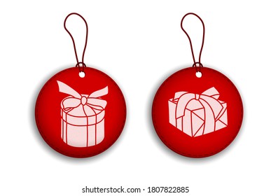 set of red labels, discount tags with gift holiday boxes. Sales and promotions in stores. Black Friday. Vector