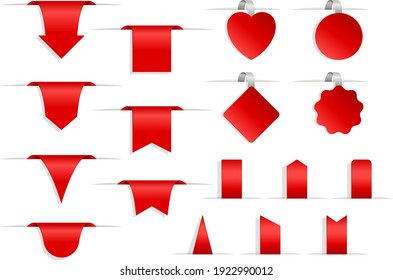 Set of red labels and tags. Collection of 3D ribbon banners, badges and labels isolated on white background. Realistic blank icon template for discount, sale, new, offer. Vector illustration