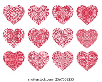 Set of red lace hearts. Collection of Ornamental abstract hearts in mandala style for Valentines day, wedding, March 8, Mother day