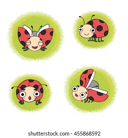 Set of red ladybugs. Hand drawing isolated objects on white background. Vector illustration. 