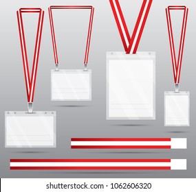 Set of Red Lanyard and Badge. Vector Illustration. Identification Card with Lanyard for Access to Events. Security and Control Element. 