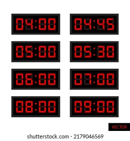 Set of red LCD display digital clock in flat style design isolated on white background. EPS 10 vector illustration.