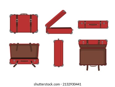 set of red leather suitcases in different angles in flat style	