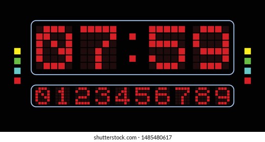 set of red led digital clock number with grid isolated on black background. electronic figures for counter or calculator mockup interface design.