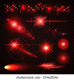 Set of red Light effects, spotlights, flash, stars and particles for your design. Vector illustration