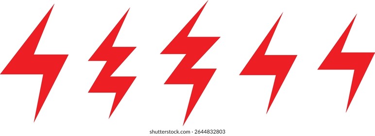 set of red lightning bolt, electric thunderbolt, lightning strike, vector illustration.