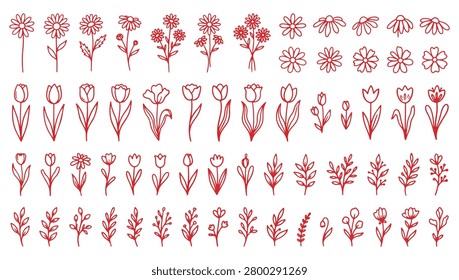 A set of red line drawings of various flowers and leaves on a pure white background, including tulips, daisies, and other floral elements in a simple, elegant style