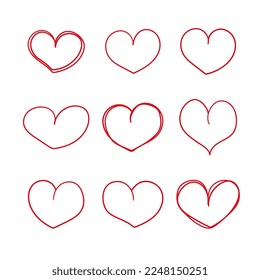 Set of red line hearts vector illustration. Nine hand drawn love symbols. Red outline doodles isolated on white background