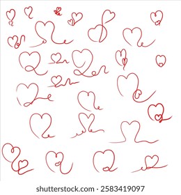 Set of red line love hearts, hand-Drawn Vector. Doodle, valentines day
