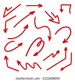 Un conjunto de flechas lineales rojas, punteros dibujados a mano sobre un fondo blanco.Ilustración vectorial