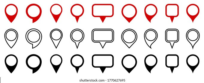 Set red, lines and black pin map marker pointer icon, GPS location flat symbol – stock vector