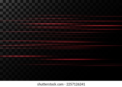  Un conjunto de líneas rojas, vigas láser, vigas de luz brillantes con brillo y polvo sobre un fondo transparente. ilustración vectorial