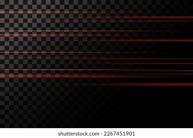A set of red lines, laser beams, bright light beams with glitter and dust on a transparent background. vector illustration	
