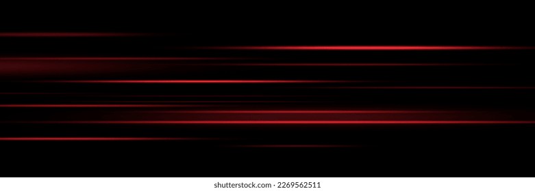 Conjunto de líneas rojas, vigas láser, vigas de luz brillantes con destellos y polvo sobre un fondo negro. Ilustración del vector