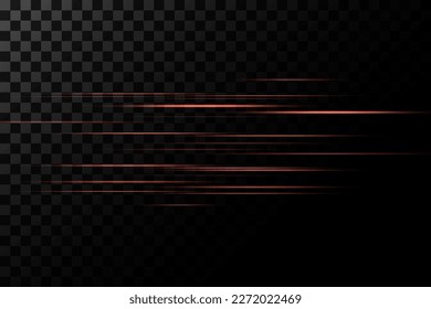 Set of red lines, laser beams, bright light beams with sparkles and dust on a transparent background. Vector illustration