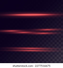 A set of red lines, laser beams, bright light beams with glitter and dust on a transparent background. vector illustration	
