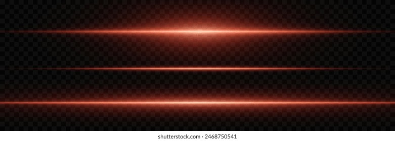 Set of red lines and light explosion. Magic neon light, horizontal beam. On a transparent background.