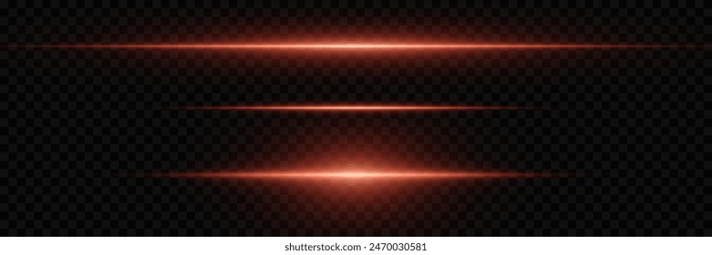 Set of red lines and light explosion. Magic neon light, horizontal beam. On a transparent background.