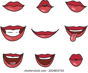 Set of red lips with black liner with different smiles