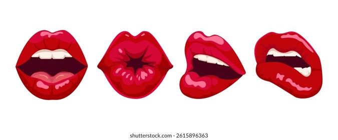 Set of red lips. Female lips with different emotions Vector design of mouth icons isolated on white background