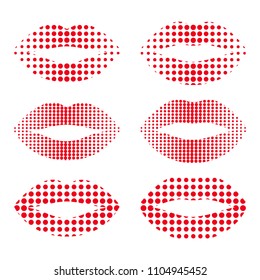 Set of red lips with halftone dots. Vector illustration