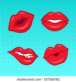 Set of red lips on blue half-tone background made in comics style