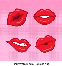 Set of red lips on pink half-tone background made in comics style
